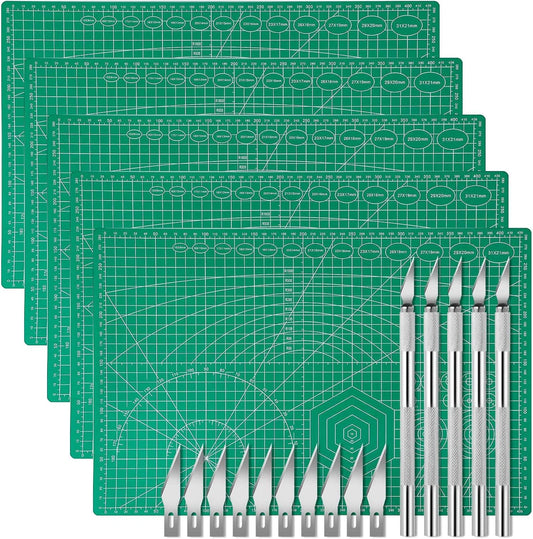 5 Pack Self Healing Cutting Mats and Exacto Knife Set, Sewing Mats with Precision Cutters and Extra 50Pcs SK5 Steel Blade 12" x 18" Work Mat for Crafts, Scrapbooking and Quilting