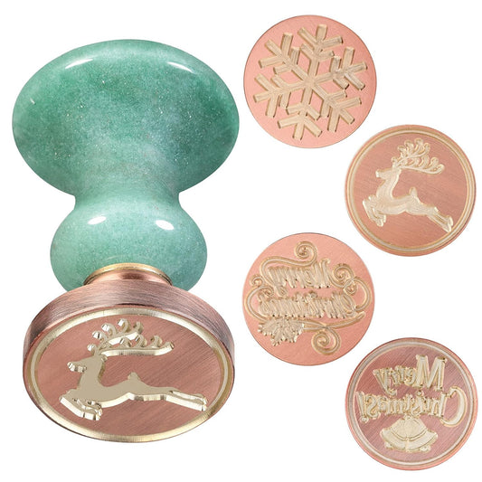 rockcloud Wax Seal Stamp Set, 4 Pieces Sealing Wax Stamps Copper Seals with 1 Green Aventurine Seal Handle for Cards Envelopes Invitation Decoration, Christmas Theme