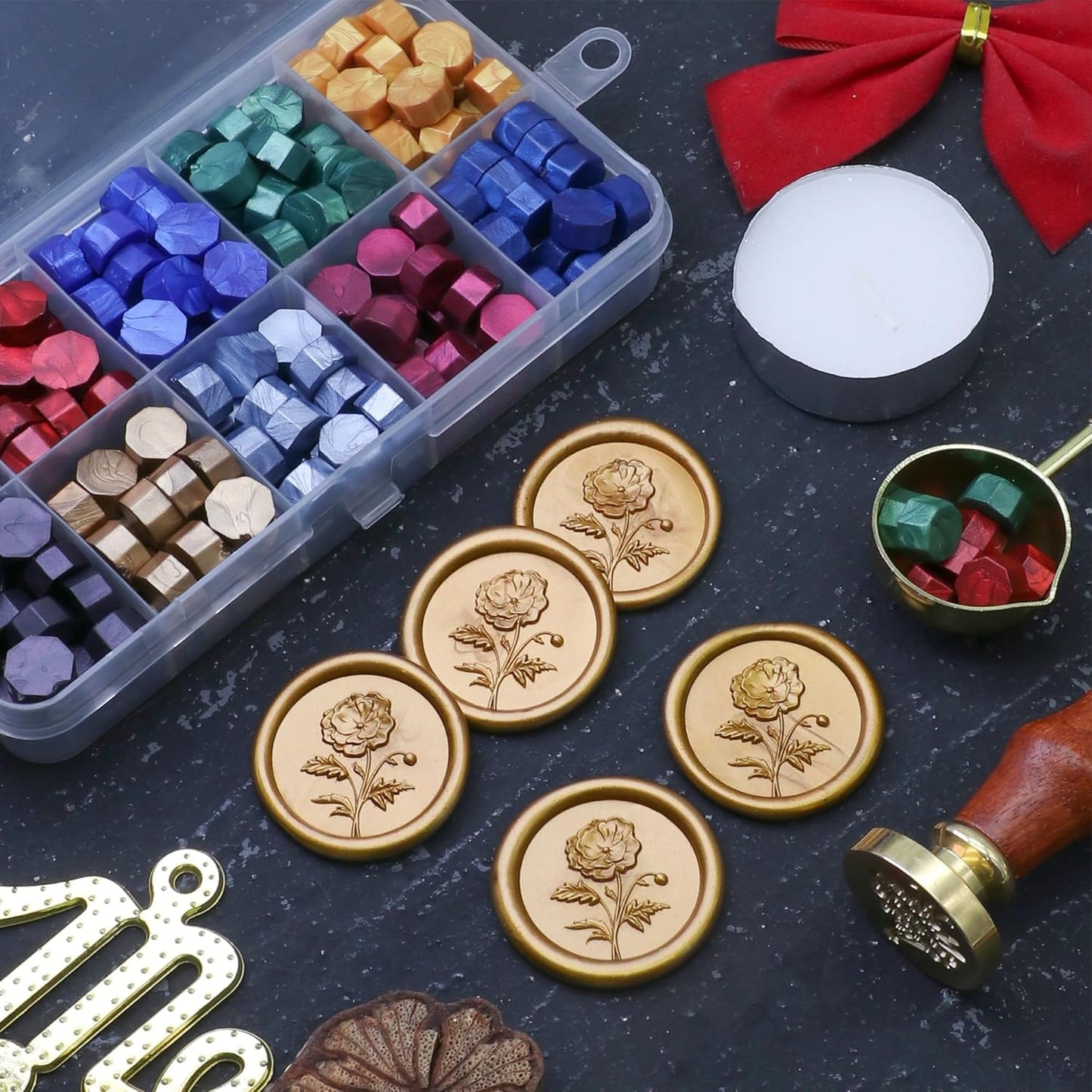 SWANGSA Wax Seal Kit, 3D Flower Stamp with 200pcs Sealing Wax Beads, Great for Embellishment of Wedding Invitations, Wine Packages, Gift Wraps