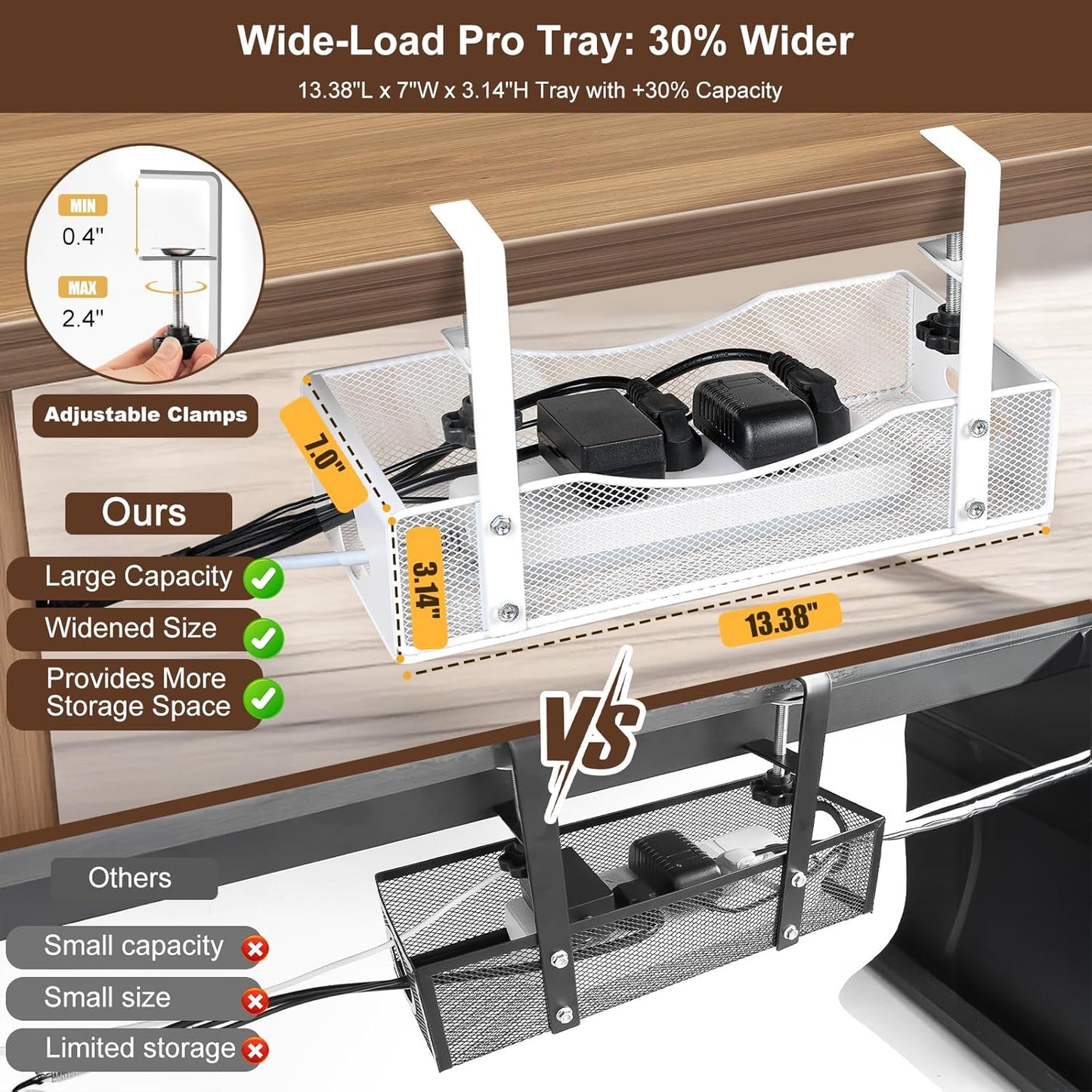 Extra Wide Under Desk Cable Management - No Drill Installation Cable Management Tray, Modern Cord Organizer for Office/Home Desk, Fits Power Strips & Wires