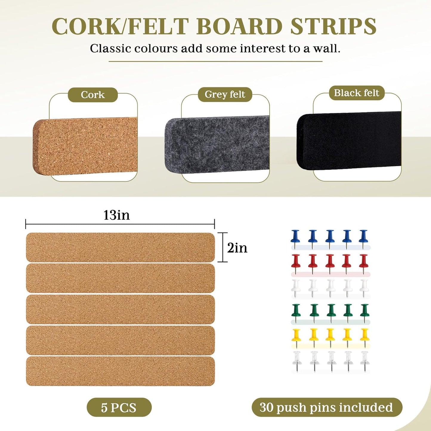 DOLLAR BOSS Bulletin Board Cork Strips for Walls-13x2 Inch, 1/2 Inch Thick, Adhesive Frameless Cork Board for Office, Home & School with 30 Push Pins