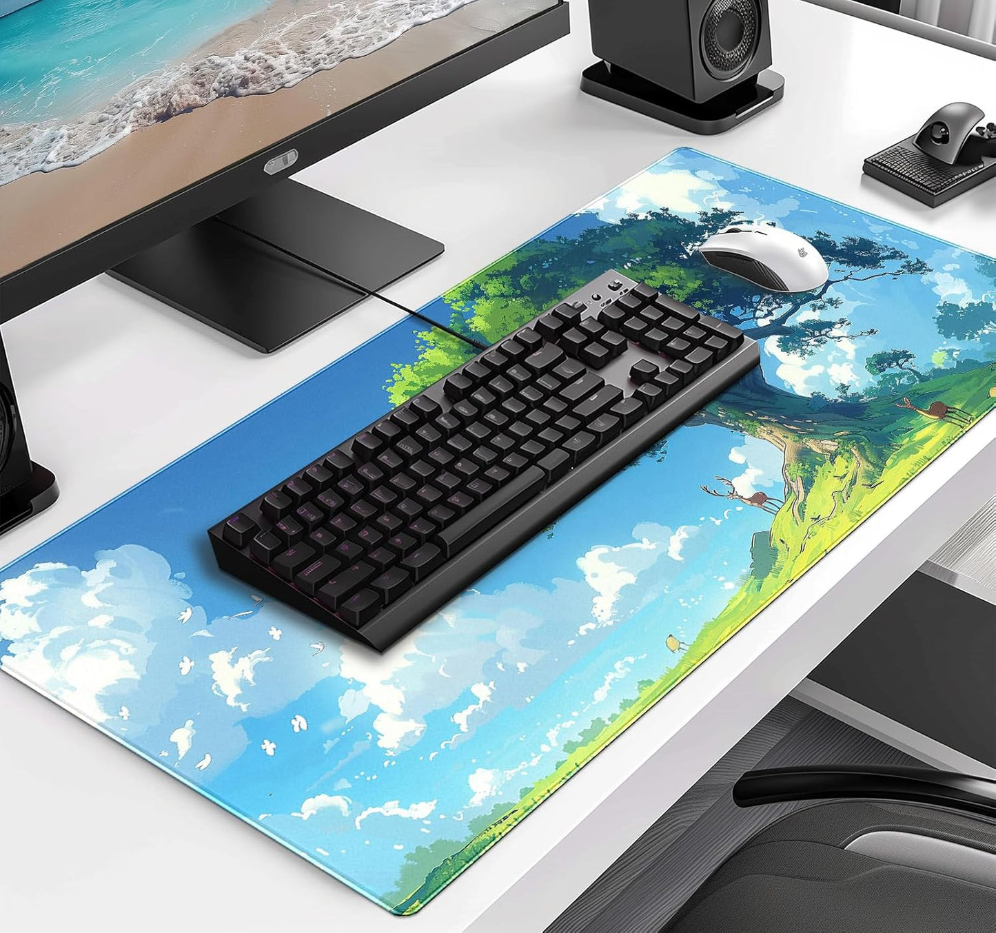 Simple and Cute Anime Landscape Computer Mouse Pad, Large Green Plant Outdoor Landscape Office Desk Pad, 35.4 x 15.7 x 0.12 Inch Sewn Edge Non Slip Rubber Base Mouse Pad