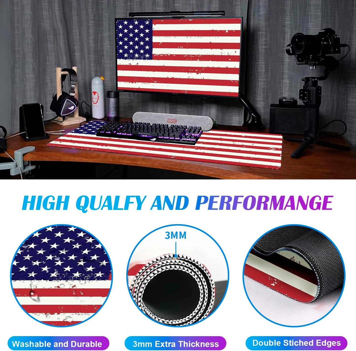 Large Gaming Mouse Pad with American Flag, XXL Laptop Mouse and Keyboard Pad, 35.4 x 15.7-Inch Office Desk Decoration