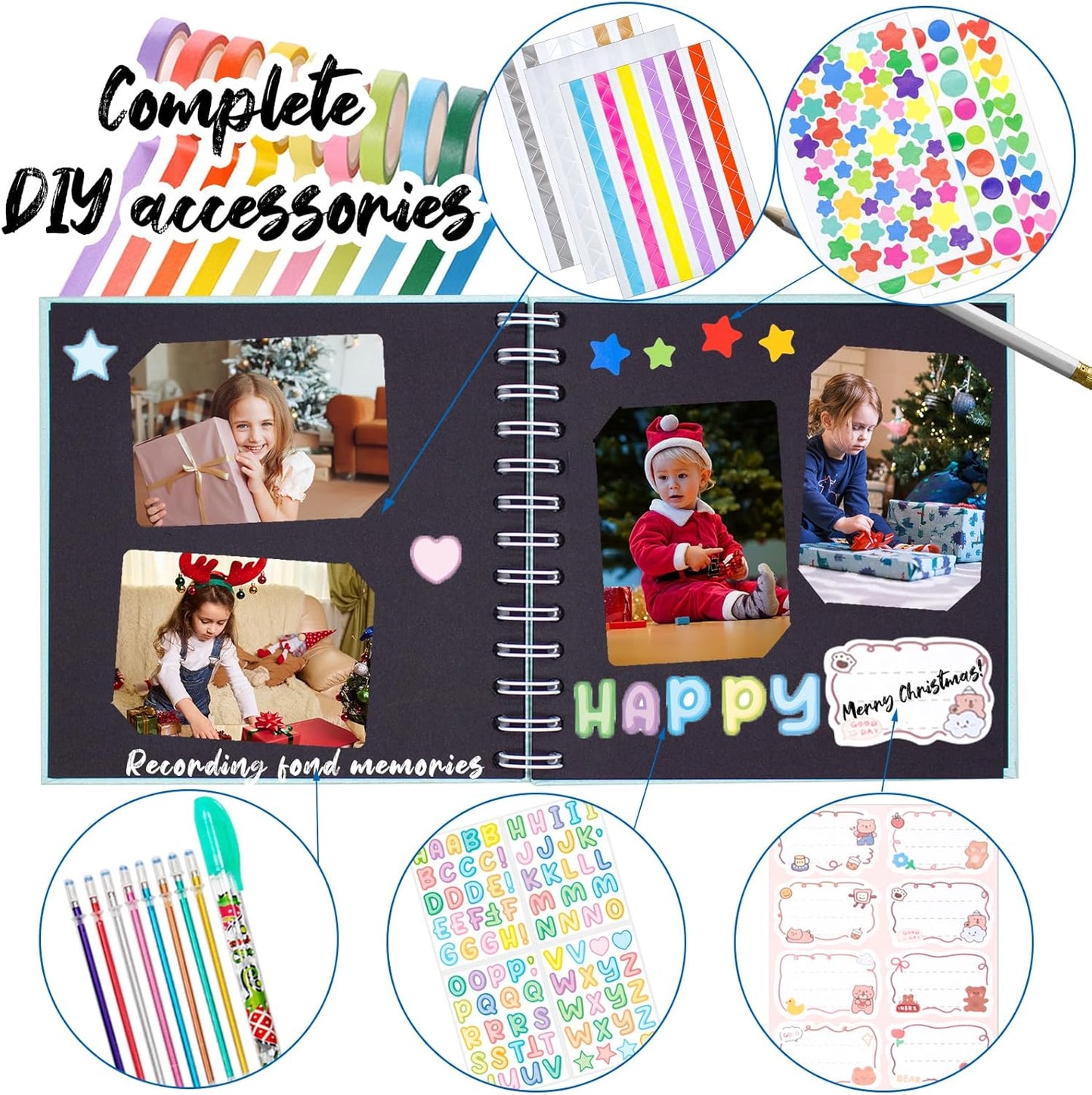 Kid Scrapbook Photo Album Hard Cover DIY Photo Album for Kids Instant Camera Print Paper with DIY Accessories (Blue)