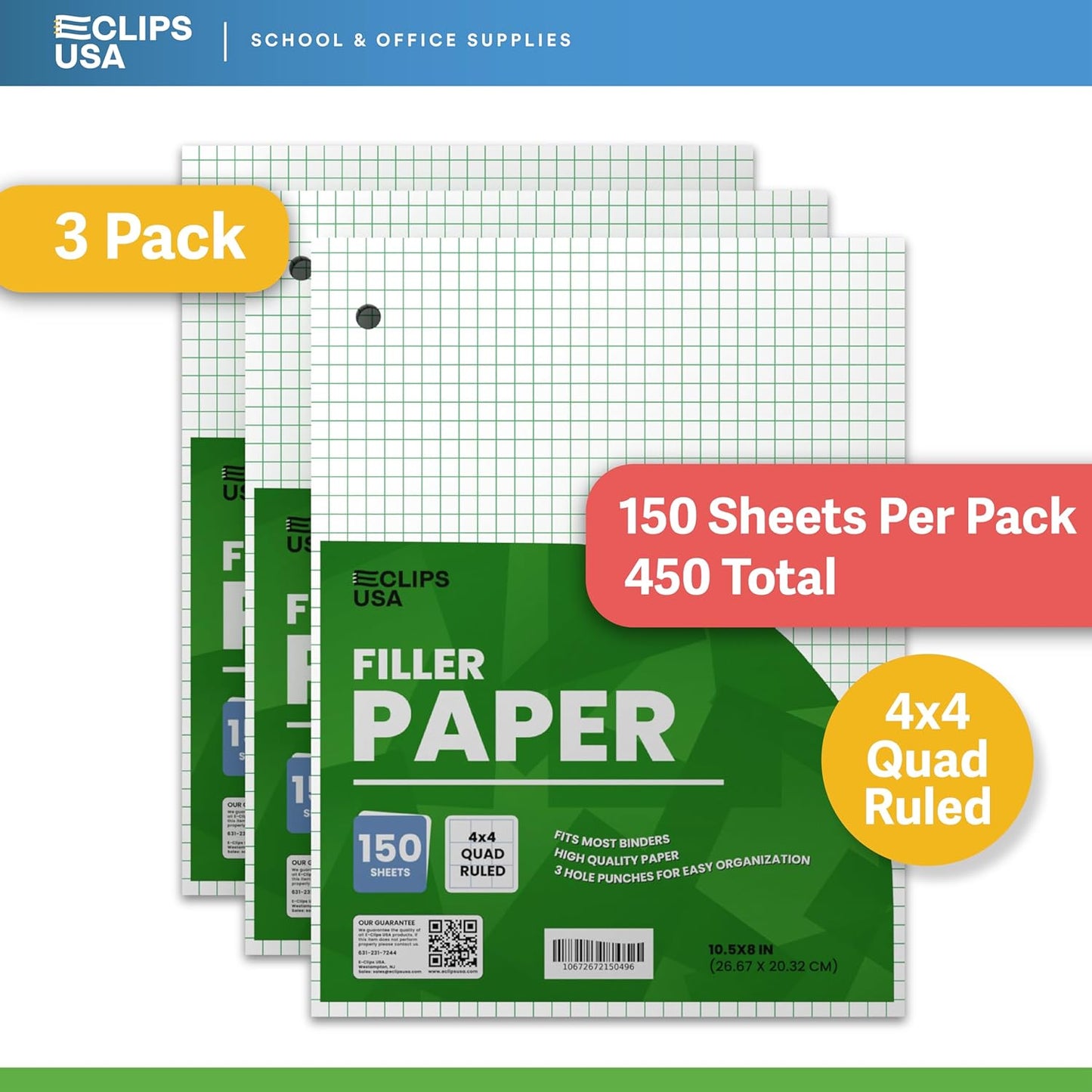 Graph Paper, Loose Leaf Graph Paper, 4 x 4 Squares Per Inch Quad Ruled Graph Paper, 10.5” x 8” Graphing Paper, 56 gsm, 150 Per Pack, 450 Sheets (3 Pack)