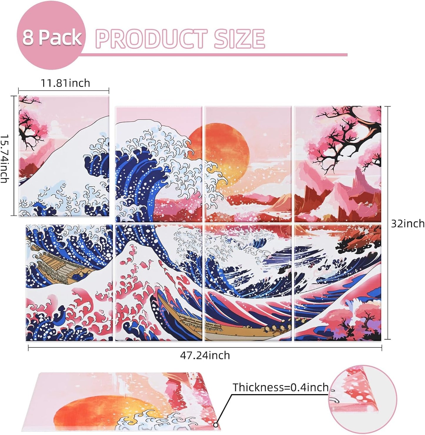 Art Acoustic Panels, 48"X32" Soundproof Wall Panels 8 Pack Self-adhesive Sound Absorbing Panels Decorative Acoustical Wall Padding for Recording Studio (Sea Wave)