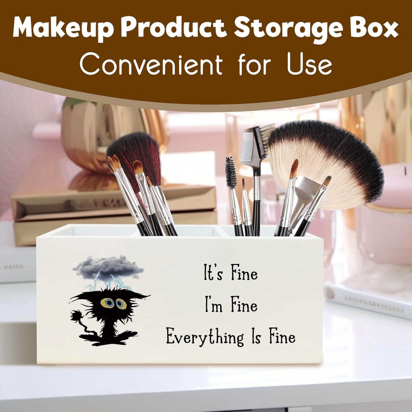 It's Fine I'm Fine Everything is Fine Funny Cat Pen Holder for Desk, Funny Desk Accessories for Work, Sarcastic Office Humor Gifts Wooden Pen Pencil Holder Organizer for Office