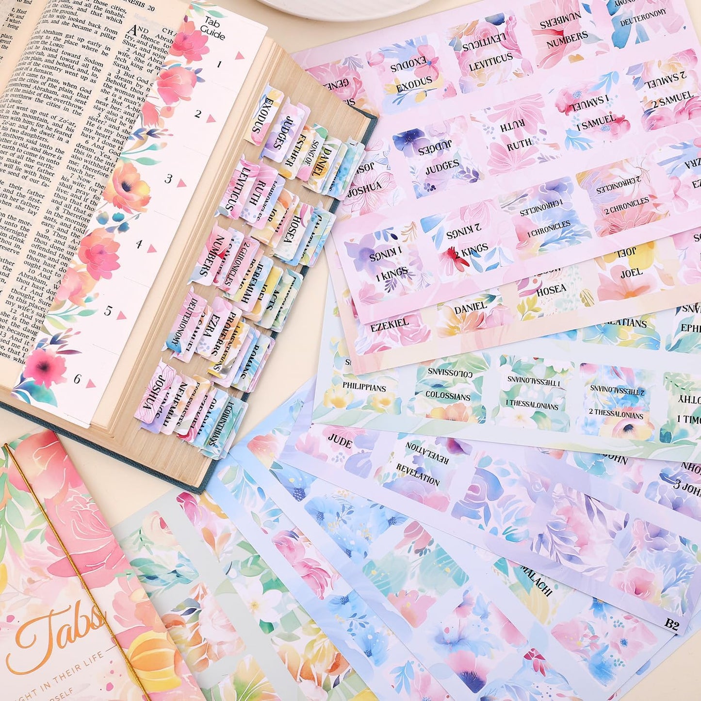 Bible Tabs for Women, 66 Large Print Laminated Bibles Chapters Index Tabs and 39 Blank Dividers Sticky Labels, Cute Beauty Bloom Bible Study Supplies, Journaling Accessories, Christian Gifts for Men