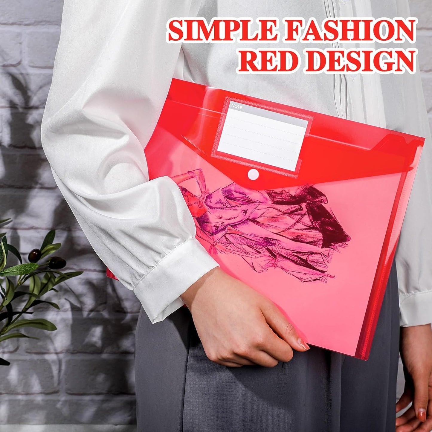 Lincia Plastic Envelopes A4 Size Poly Envelopes File Folders Work Document Holder Office Paper Plastic File Organizer with Label Pocket Snap Button Home Bag for School (Clear Red,48 Pcs)