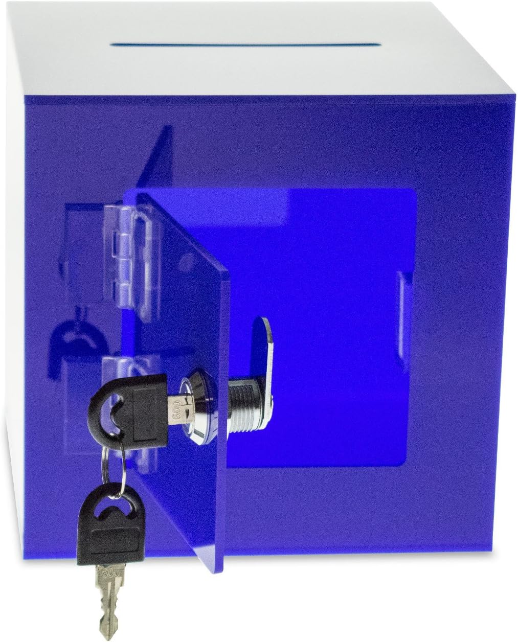 Source One Premium Acrylic Cube Donation Box with Deluxe Rear Open Door and Cam Lock Suggestion Box (12 Inch, Blue)
