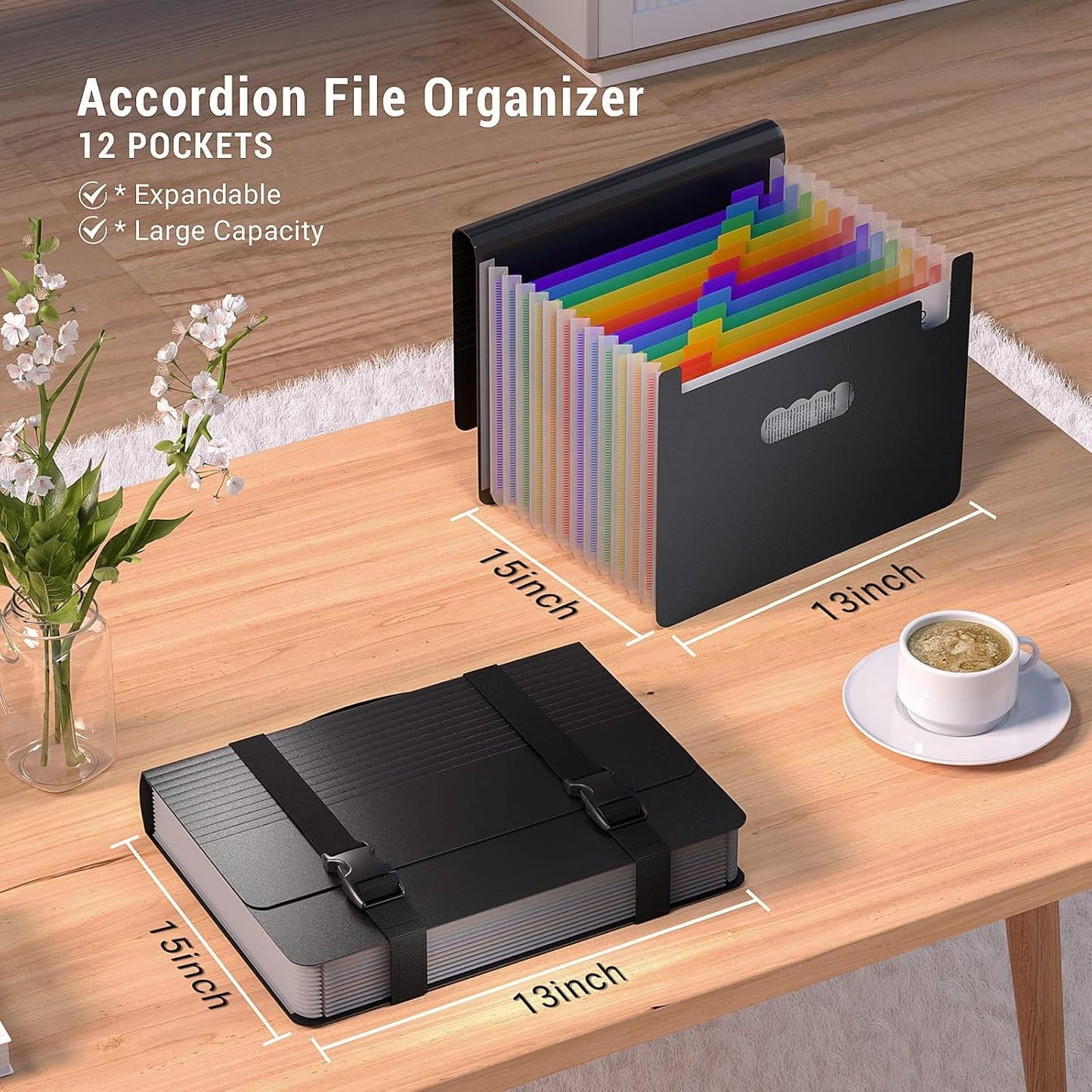 Accordion File Organizer,Expanding File Folders with Handle,13 Pockets Expandable Filing Folders,Tabs Included in Filing Box,Adjustable Strap,Bill Documents Organizer,A4/Letter Size,Black