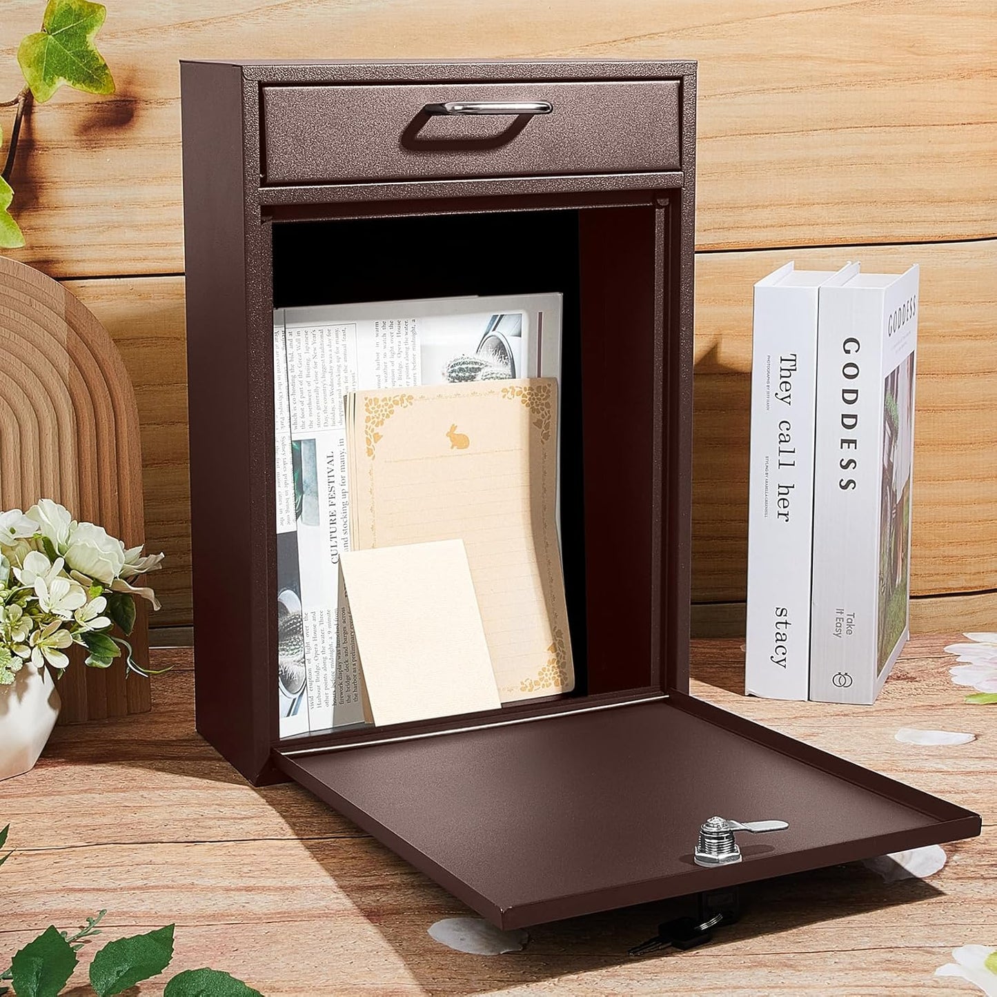 Locking Mailbox with Key for Outdoor 16.2 x 11.2 x 4.7 Inches Large Wall Mount Mail Box with Lock Security Mail Drop Metal Collection Boxes Hanging Secure Postbox(Brown)