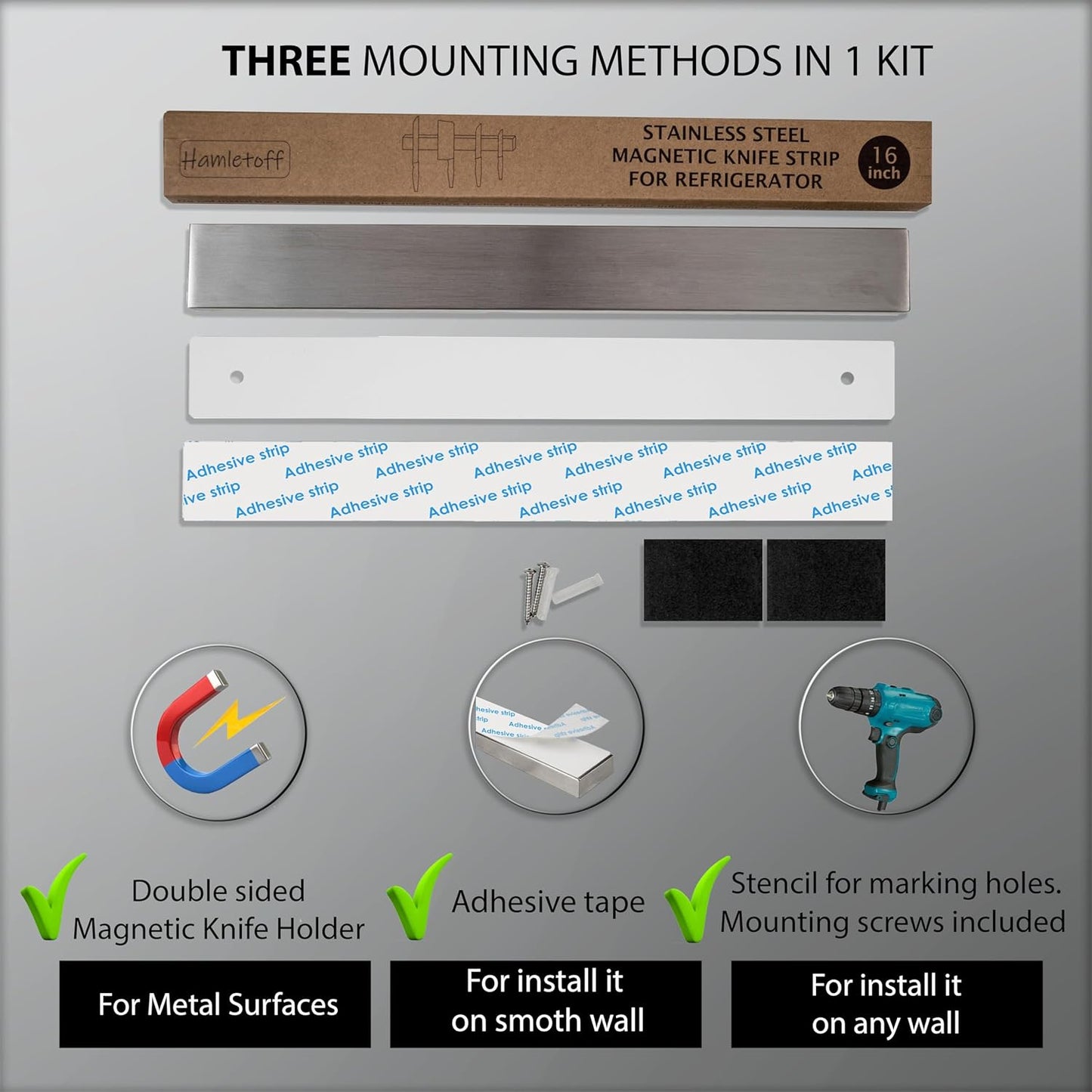 Premium Magnetic Knife Holder for Refrigerator – 16 Inch Professional Double Sided Magnetic Knife Strip for Fridge - Stainless Steel Magnetic Knife Holder for Wall Self Adhesive