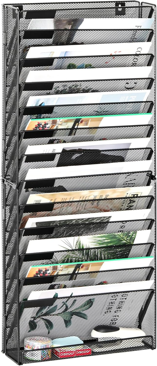 EasyPAG 14 Tier Wall File Holder with Flat Tray, Black | Easy Assemble Mesh Desk File Organizer | 13-Folder Paper Storage | Replaceable Classify Labels | Space Saving Mail Organizer for Office Home