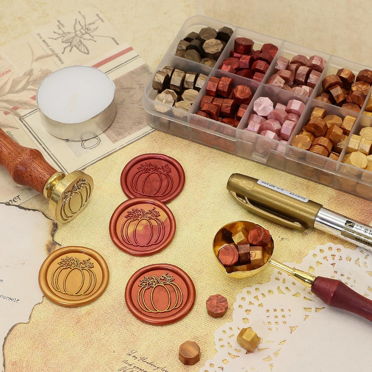 SWANGSA Fall Pumpkin Wax Seal Stamp Kit with 200pcs Sealing Wax Beads, Great for Halloween, Thanksgiving, Autumn Party Invitations, Wine Packages, Gift Wraps