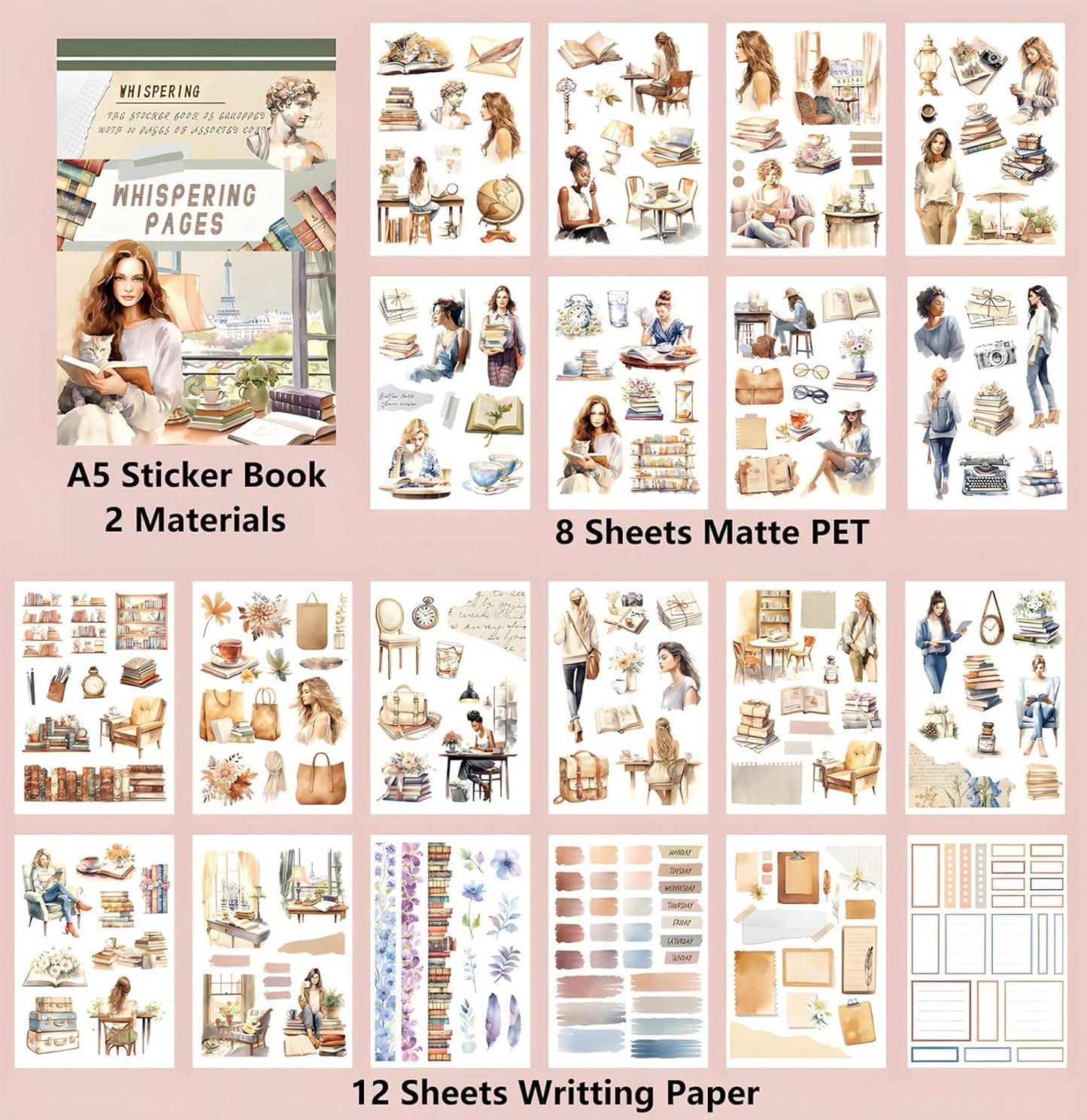 YagCu Journaling Sticker Book, Reading and Writing Scrapbook Stickers, Junk Journal Supplies, Pre-Cut Aesthetic Scrapbooking for Women, Collage Decorative Ephemera Bullet Planner DIY Arts