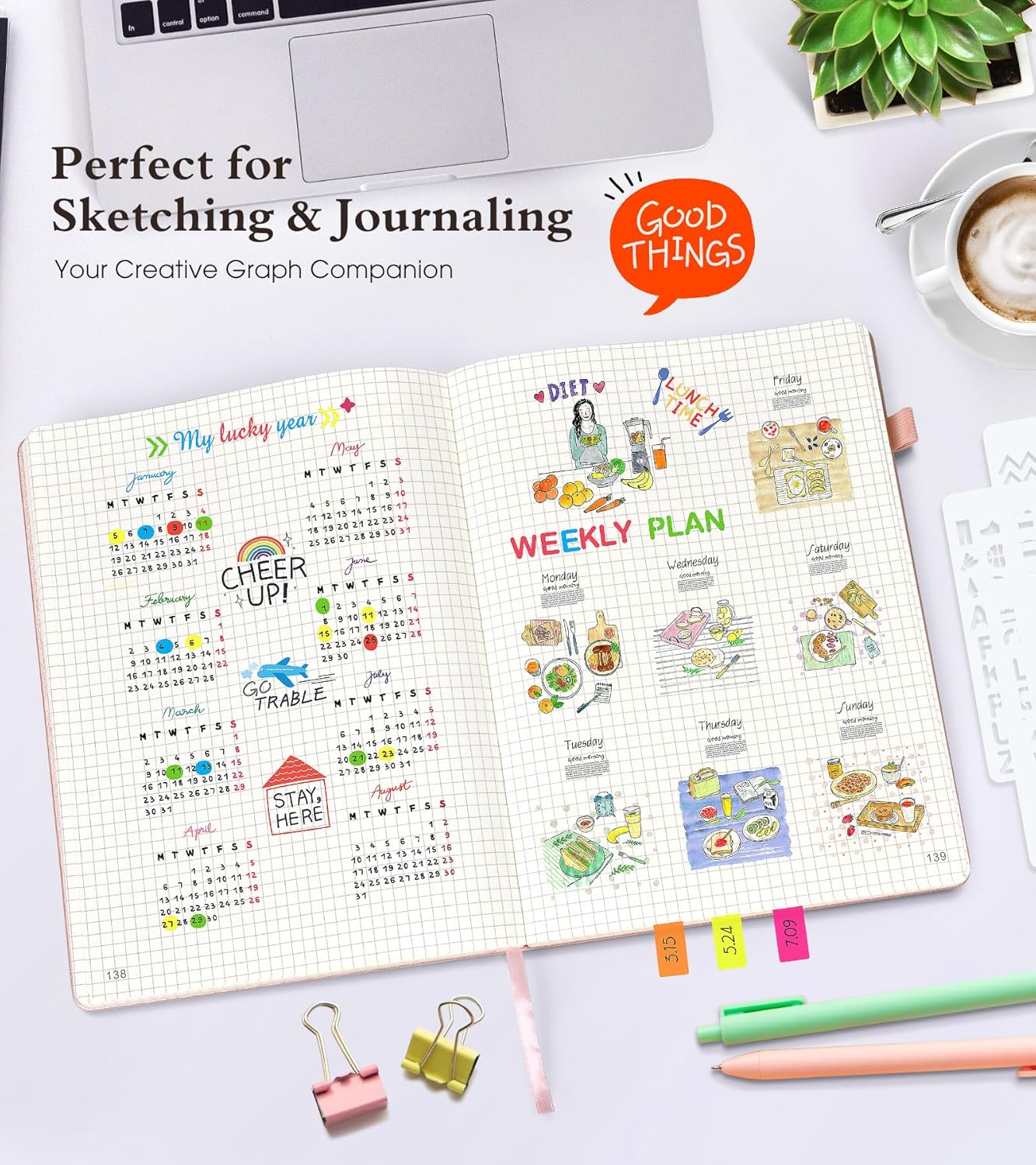 Graph Paper Notebook Journal, 360 Numbered Pages Grid Notebooks, Thick 100gsm Graphing Paper Notebook Journals for Women Men, B5 Large Hardcover Leather Graph Notebook 7.6'' X 10'' Pink