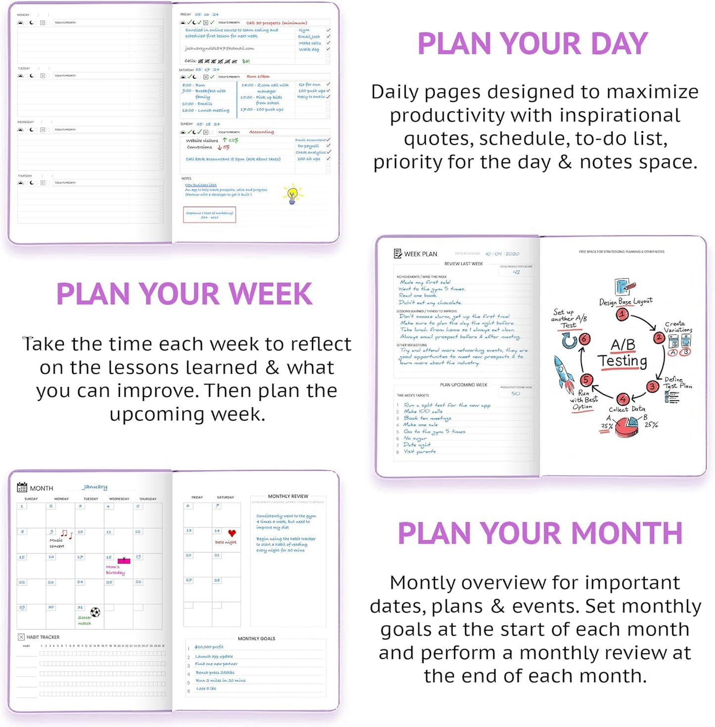 Undated Daily Planner – 1-Year B5 Productivity Organizer with Two-Page Weekly Spread, Goal Setting, Habit Tracker, Weekly & Monthly Pages – Hardcover Time Management Notebook (Lilac)