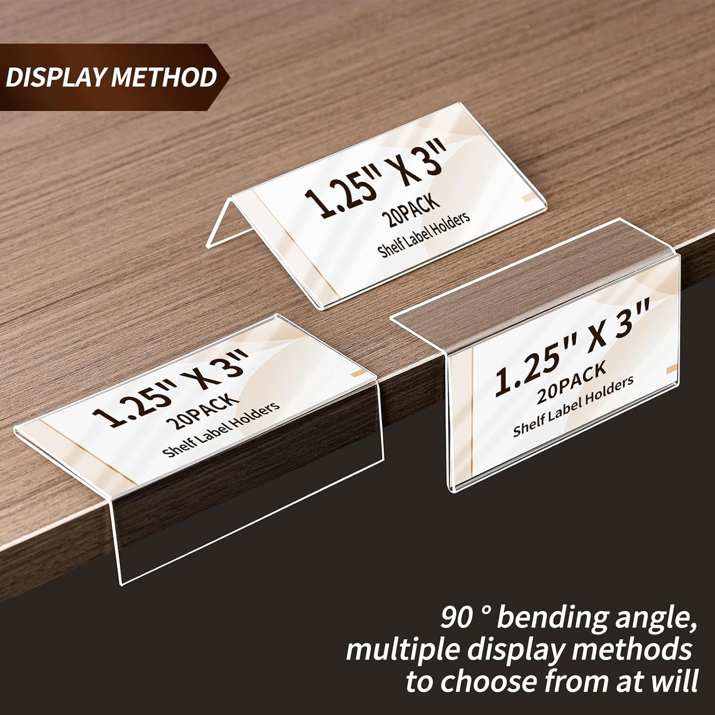 Acrylic Rigid Label Holders 1.25x3 inch 20 Pack for School Library Book Shelves Tags Office Warehouse Metal Shelf Labels with Magnetic Strip and Self-Adhesive Dots, Transparent Tabletop Price Sign