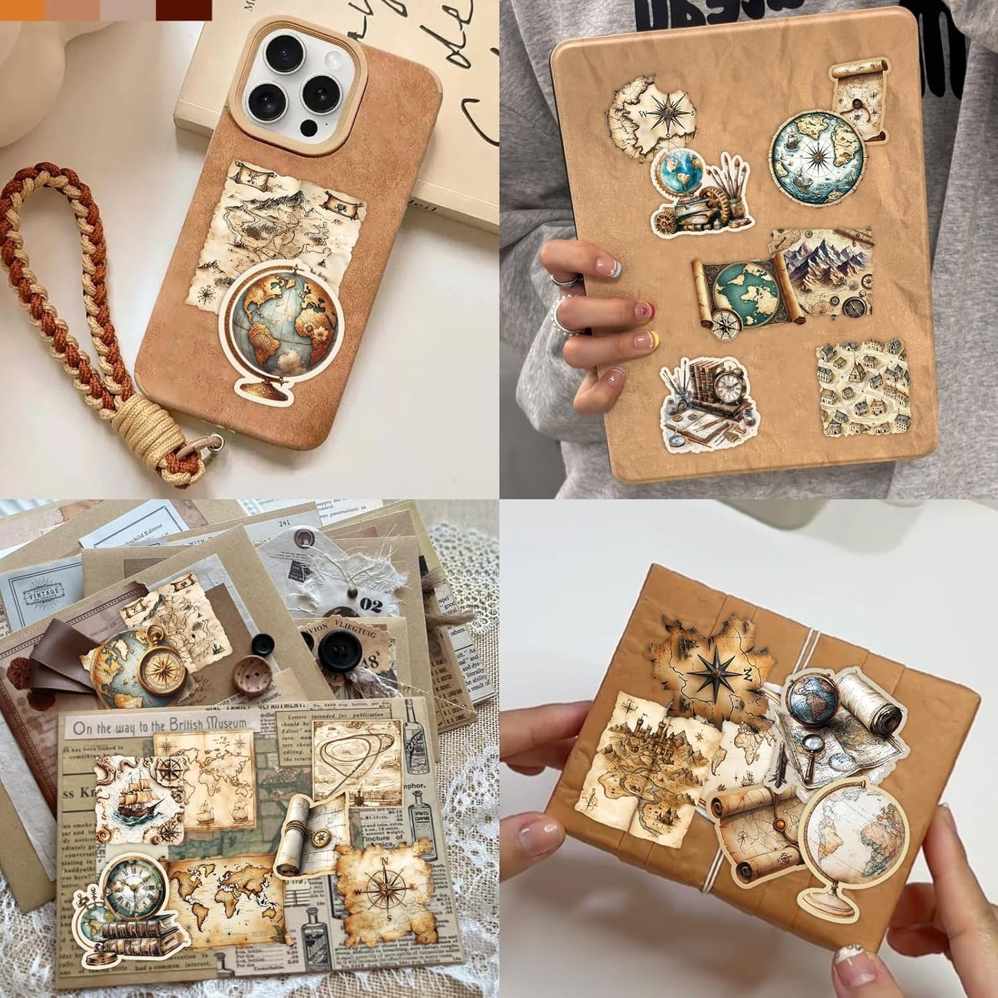 PRSTINCOL 100Pcs Vintage Sticker Pack,Cute Map Design Scrapbook Supplies, Vintage Aesthetic Junk Journal Accessories, Waterproof Vinyl Stickers for Water Bottles, Planners, Journals