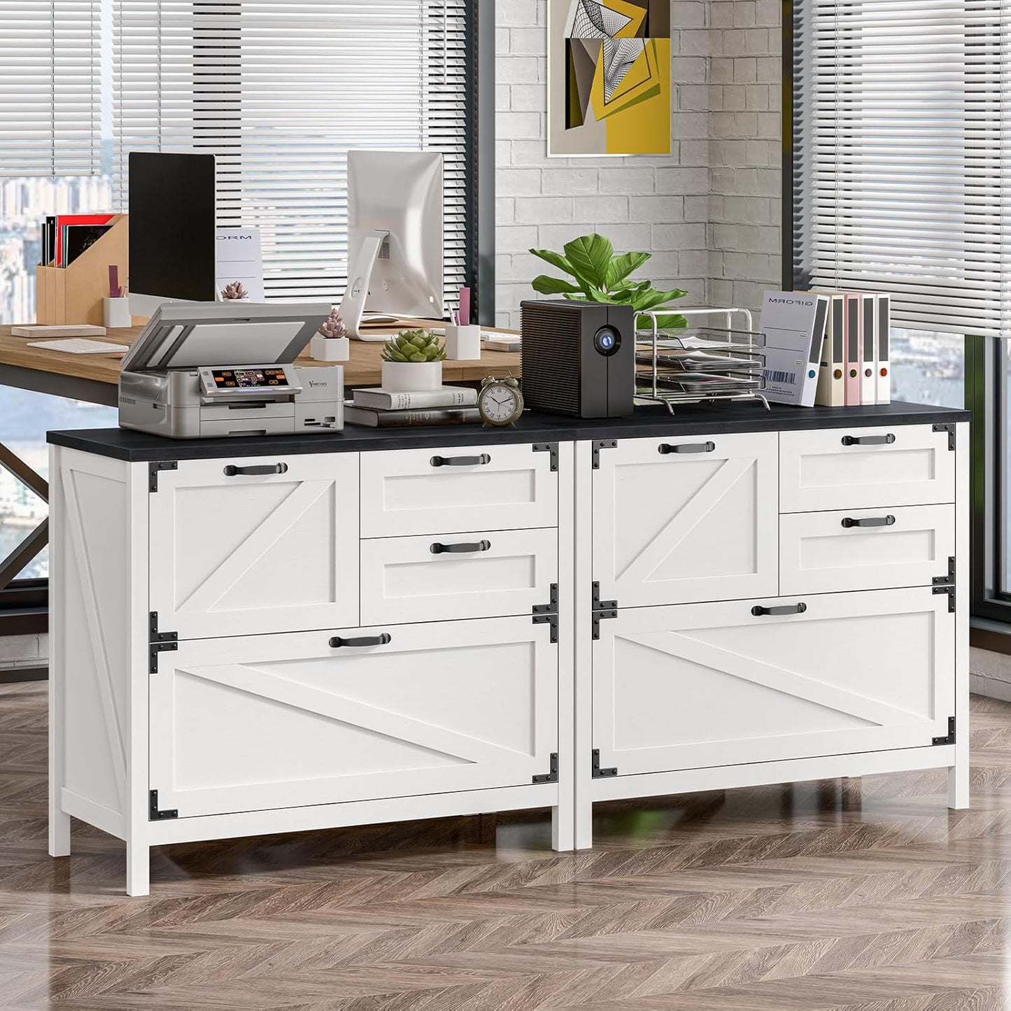 4-Drawer Wood Lateral File Cabinet for Hanging Files Letter/A4/Legal Size, Large Farmhouse File Cabinets for Home Office, Printer Stand with Office Cabinet, White and Black
