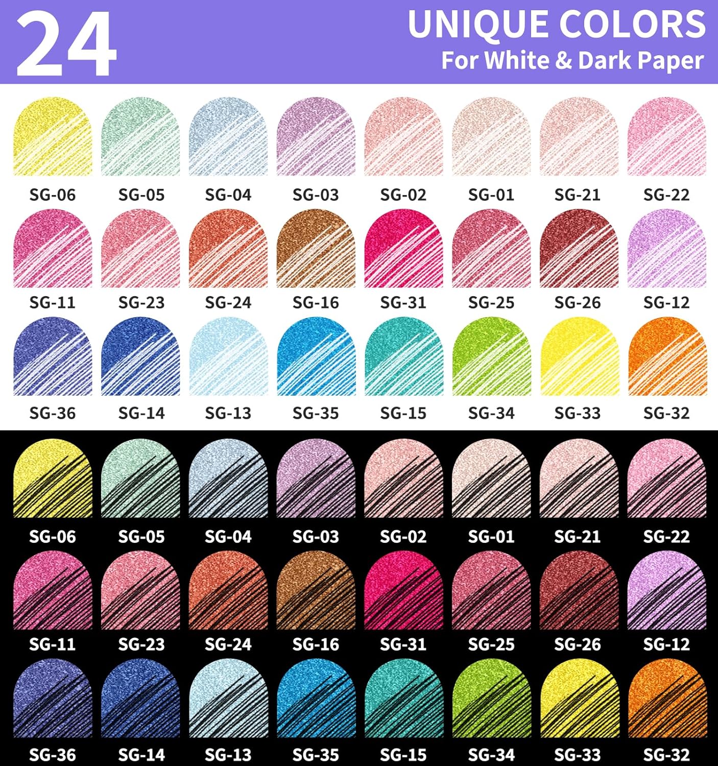 Glitter Gel Pens, 24 Pack Colored Pens for Black Paper & White Paper, 1.0mm Point Pens, Large Capacity Ink Pens for Coloring, Writing, Drawing, Journaling, Note Taking, School, Office, Home