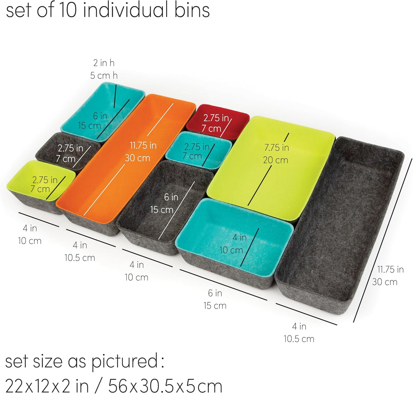 Three by Three Seattle Felt·Like·It! Felt Bins for Office, Crafts, Classroom, Living Room, Bedroom: Multicolor, Set of 10