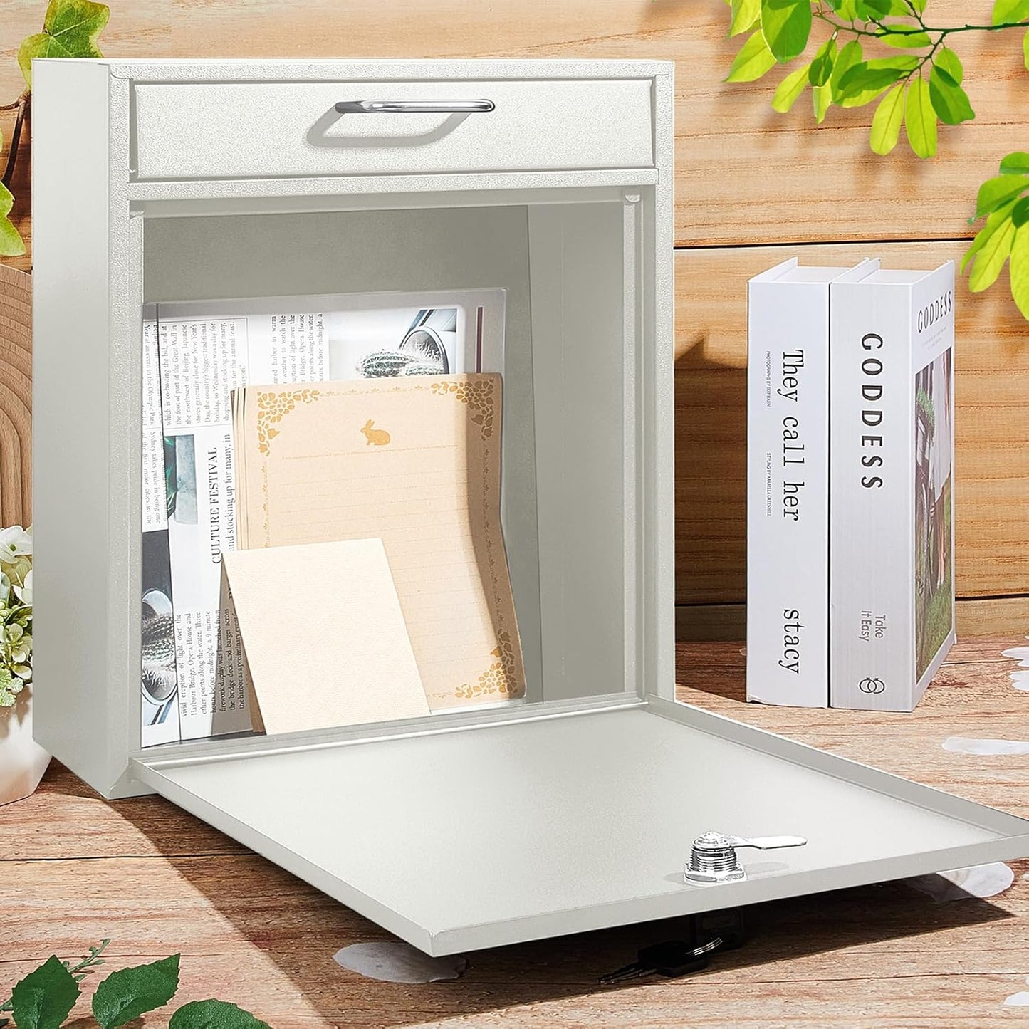 Locking Mailbox with Key for Outdoor 12 x 10.5 x 4.7 Inches Large Wall Mount Mail Box with Lock Security Mail Drop Metal Collection Boxes Hanging Secure Postbox(Creamy White)