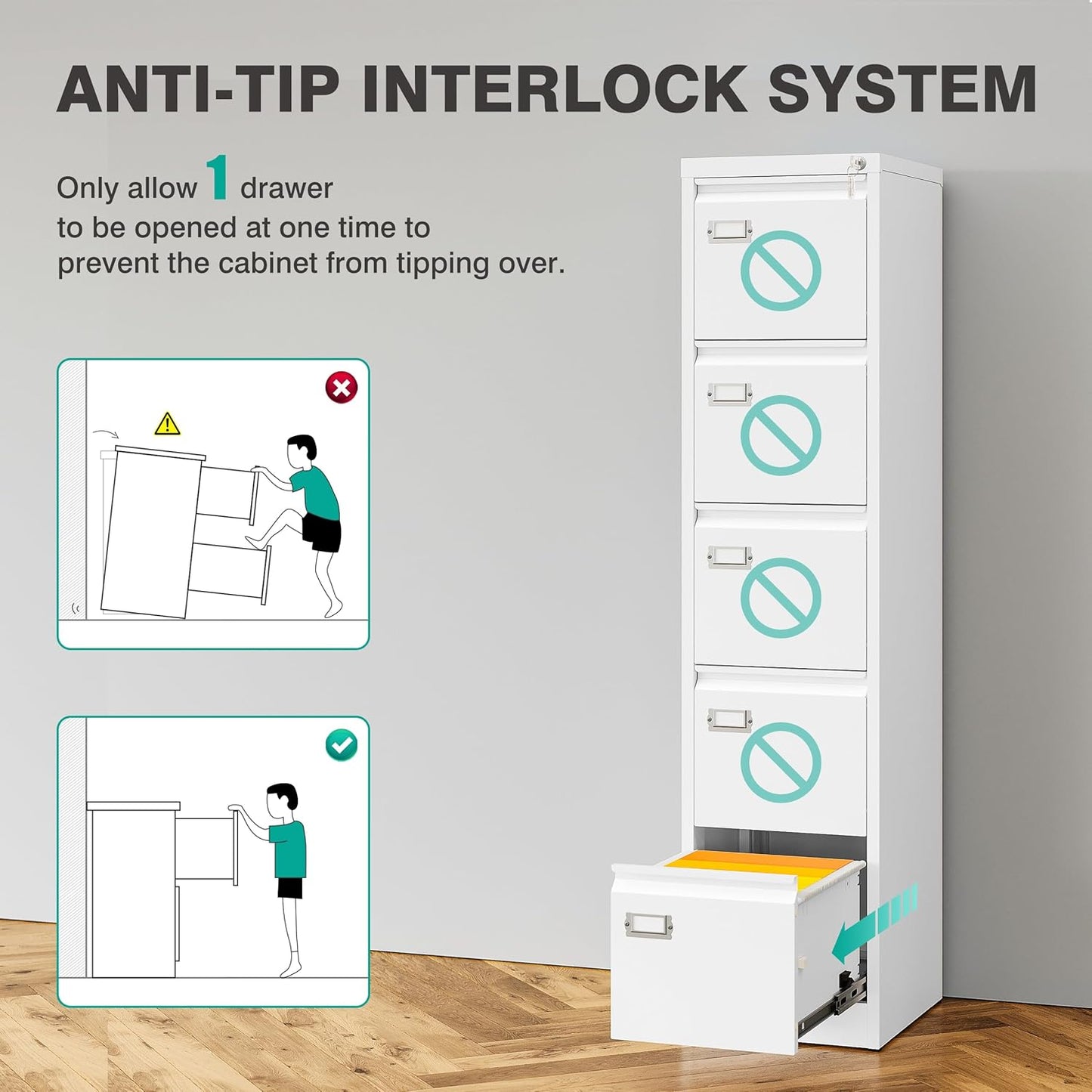 SISESOL 5 Drawer File Cabinet with Lock,Tall Vertical File Cabinet Five Drawer,15" Narrow Office Filing Cabinets,White Metal File Cabinets for Home Office,Fit A4,Legal,Letter Size,-Assembly Required