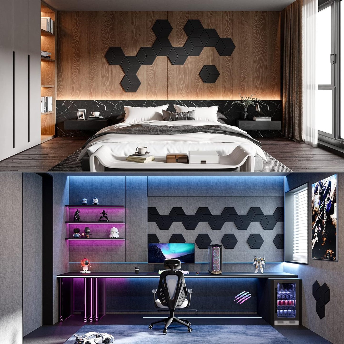 22 Pack Self-adhesive Acoustic Panels 12" X 10" X 0.4" - Sound Proof Foam Panels with High Density, Fashionable Y-Lined Design, Flame Resistant, Absorb Noise and Eliminate Echoes(Black)