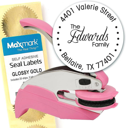 Custom Monogram Address Pink Embosser - Personalized Round Seal with 50 Gold Seal Labels - Style EM021