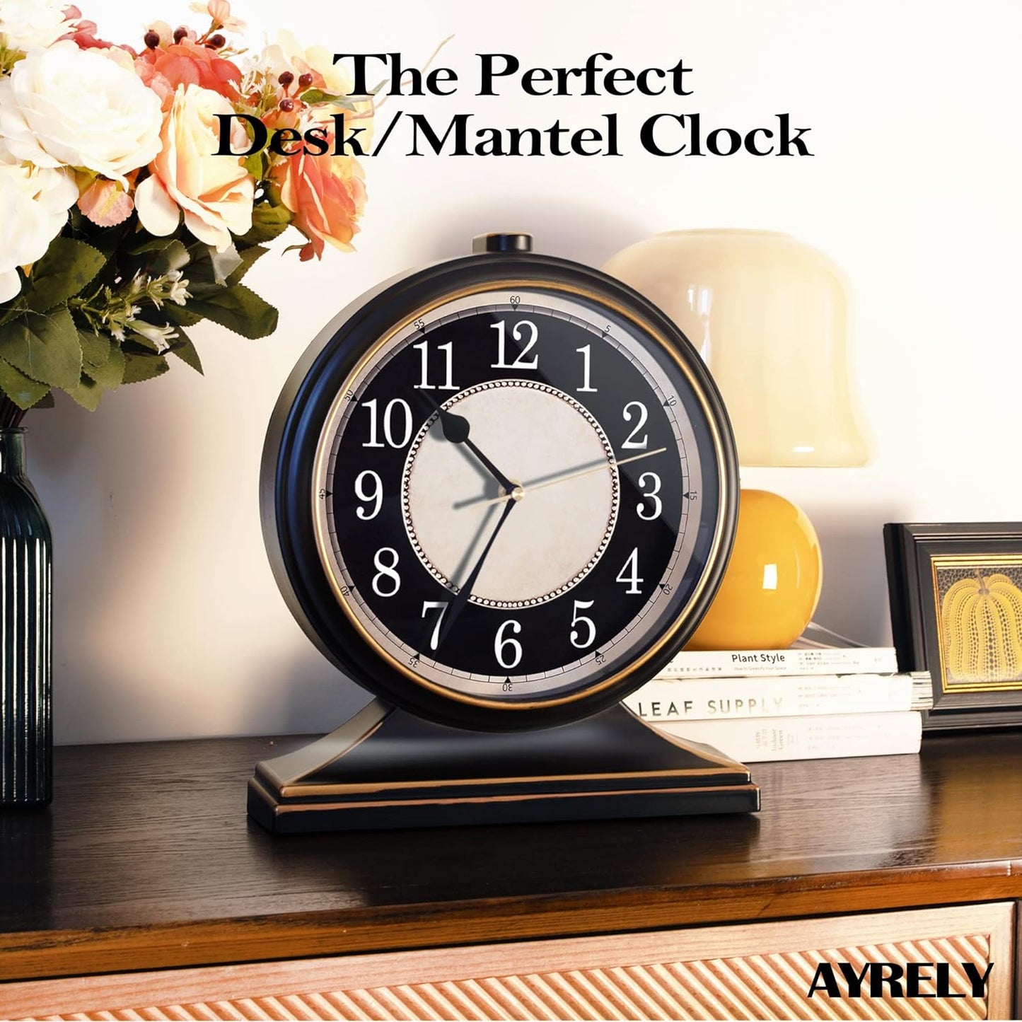 AYRELY® Vintage Desk Clock Silent-Non-Ticking 10-inch dial Table Clock,Retro Mantel Clocks and Easy to Read for Living Room, Bedroom, Shelf Decoration, Fireplace, Farmhouse Decor (Black)