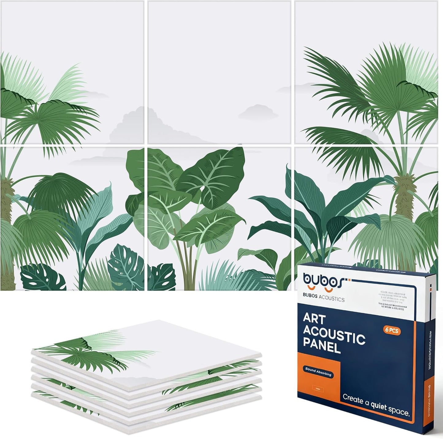 BUBOS 6 Pack Art Acoustic Panels Soundproof Wall Panel,70.8X47.2 Inches Large Sound Absorbing Panel,Self-adhesive Decorative Acoustical Wall Panels, Acoustic Treatment for Home Office（Green Leaves）