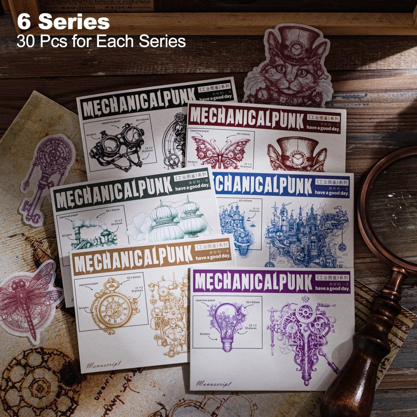 Retro Steampunk Washi Stickers, 180 Pcs Mechanical Ephemera for Scrapbooking, Journaling, DIY Crafts, and Art Supplies