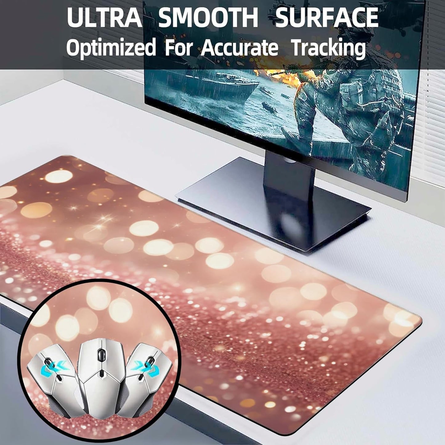 Extended Large Gaming Mouse Pad, Rose Pink Glitter Large Desk Mat for Desktop XXL, Non-Slip Rubber Base Stitched Edges Long Computer Keyboard Desk Pad Mouse Mat for Gaming Home Office 35.4"X15.7"