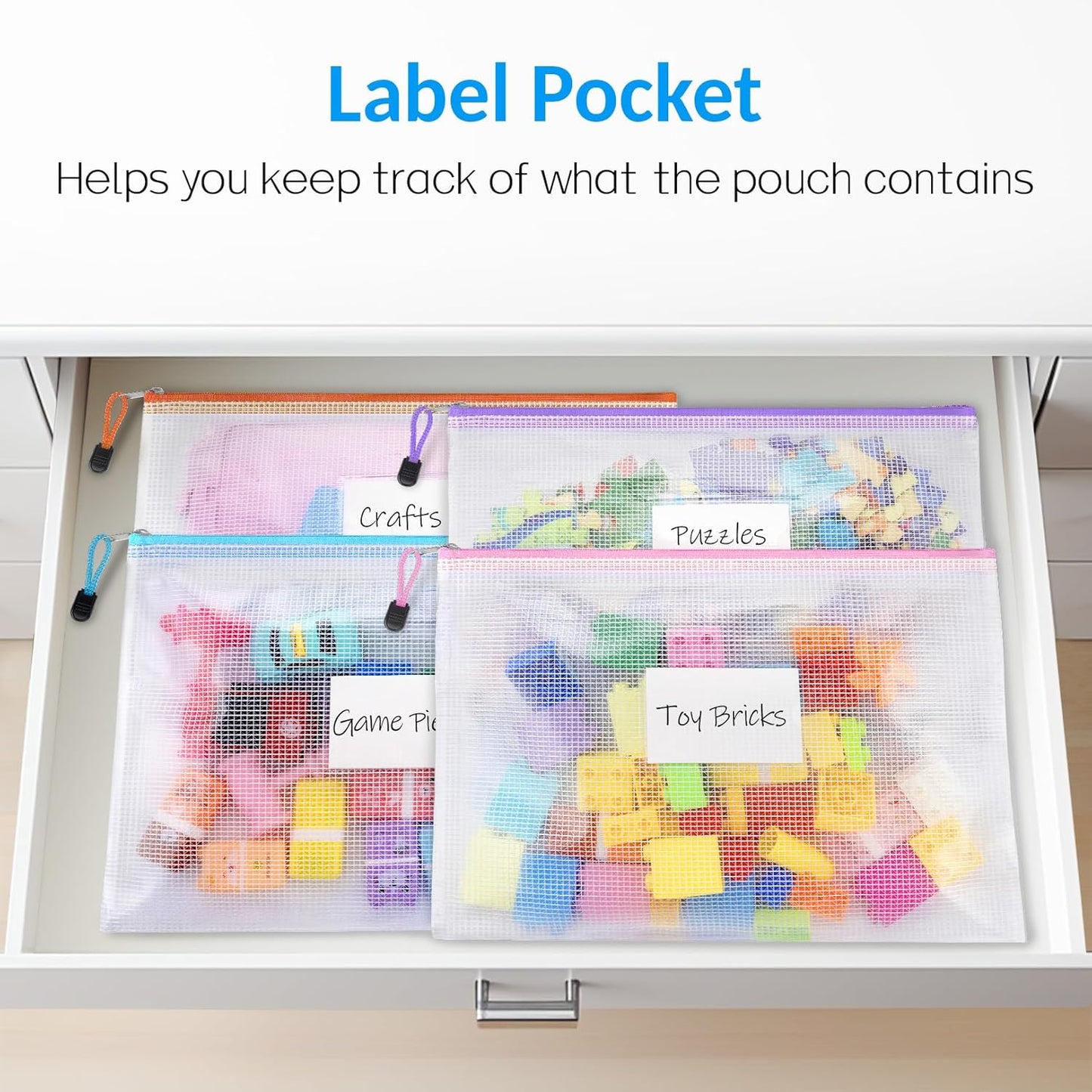 Sooez 20 Pack Mesh Zipper Pouch Bags, A4 Letter Size, Zipper Bags with Label Pocket, Waterproof Pouches for Classroom Organization, Board Game Storage, Document Bag for Teacher School Office Supplies