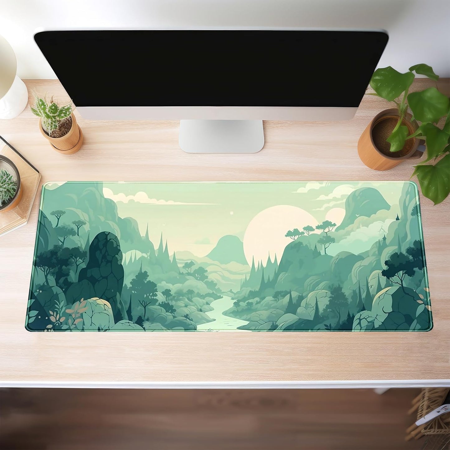 Cute Pastel Mint Green Forest Sage Desk Mat Anime Large Gaming Mouse Pad XL, Aesthetic Sunrise Laptop Computer Keyboard Mouse Mat, Women Office Desk Decor Cover Mat with Stitched Edges 31.5"x11.8"