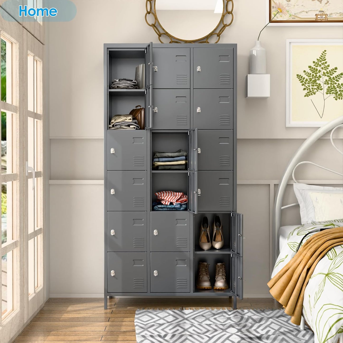 Metal Storage Locker with 18 Doors and Business Card Holder,Metal Lockers for Employees with Lock for School Garage Office Gym,Assembly Required,Dark Grey