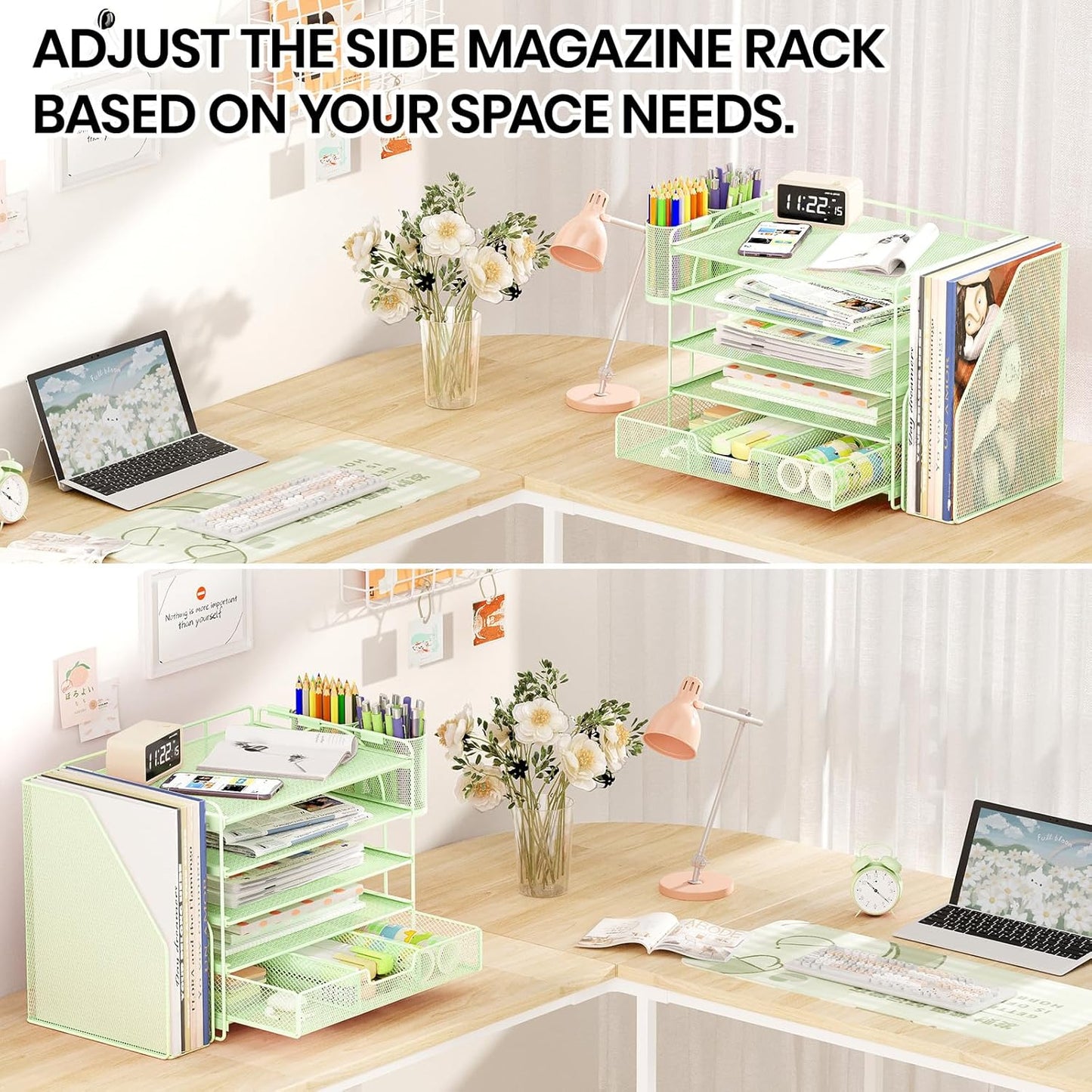 Desk Organizers and Accessories, 5-Tier Paper File Organizer with Drawer & Pen Holder, Office Desk Accessories Workspace Desktop Organizer for Office Supplies((Green)