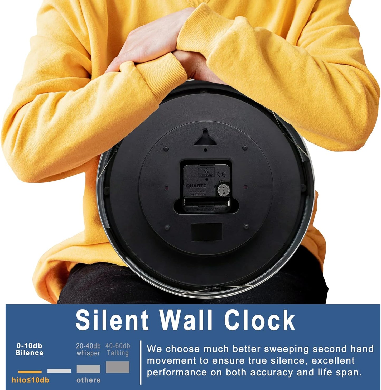 HITO 10 Inch Silent Wall Clock Battery Operated Non Ticking Glass Cover Silver Aluminum Frame, for Kitchen, Bedroom, Home Office, Living Room Decor (White)