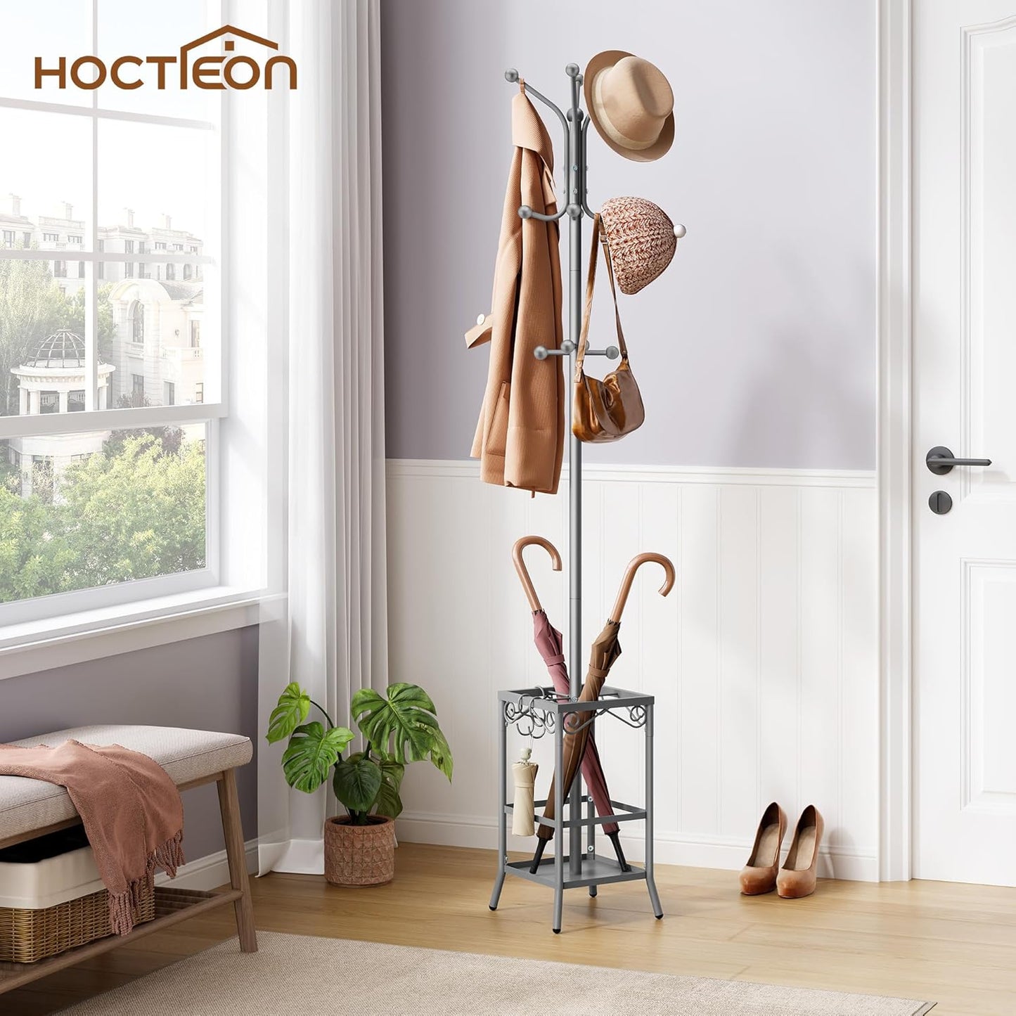 Hoctieon Coat Rack Freestanding With Umbrella Holder, Metal Coat Tree With 12 Hooks, Standing Hanger for Entryway, Hat Rack for Home Office, Gray