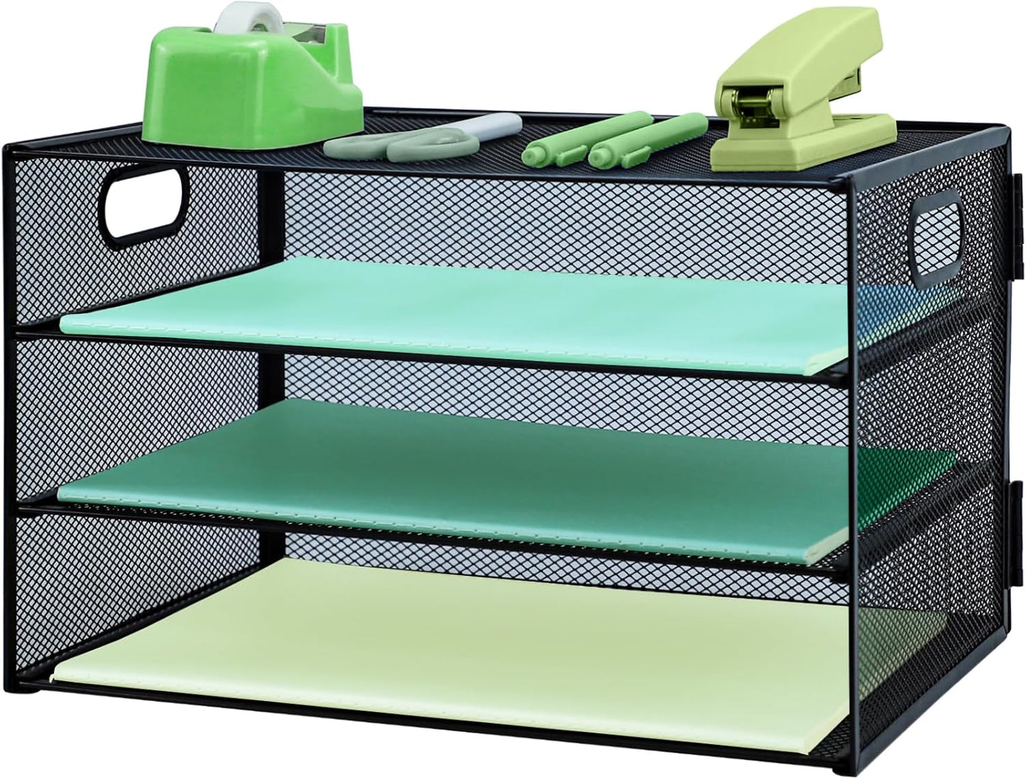 Paper Letter Tray with Handle, 3 Tier Metal Mesh Desk File Organizer, A4 Paper Desktop Filing Trays, Desk Tidy Magazine Document Holder for Home Office, Black