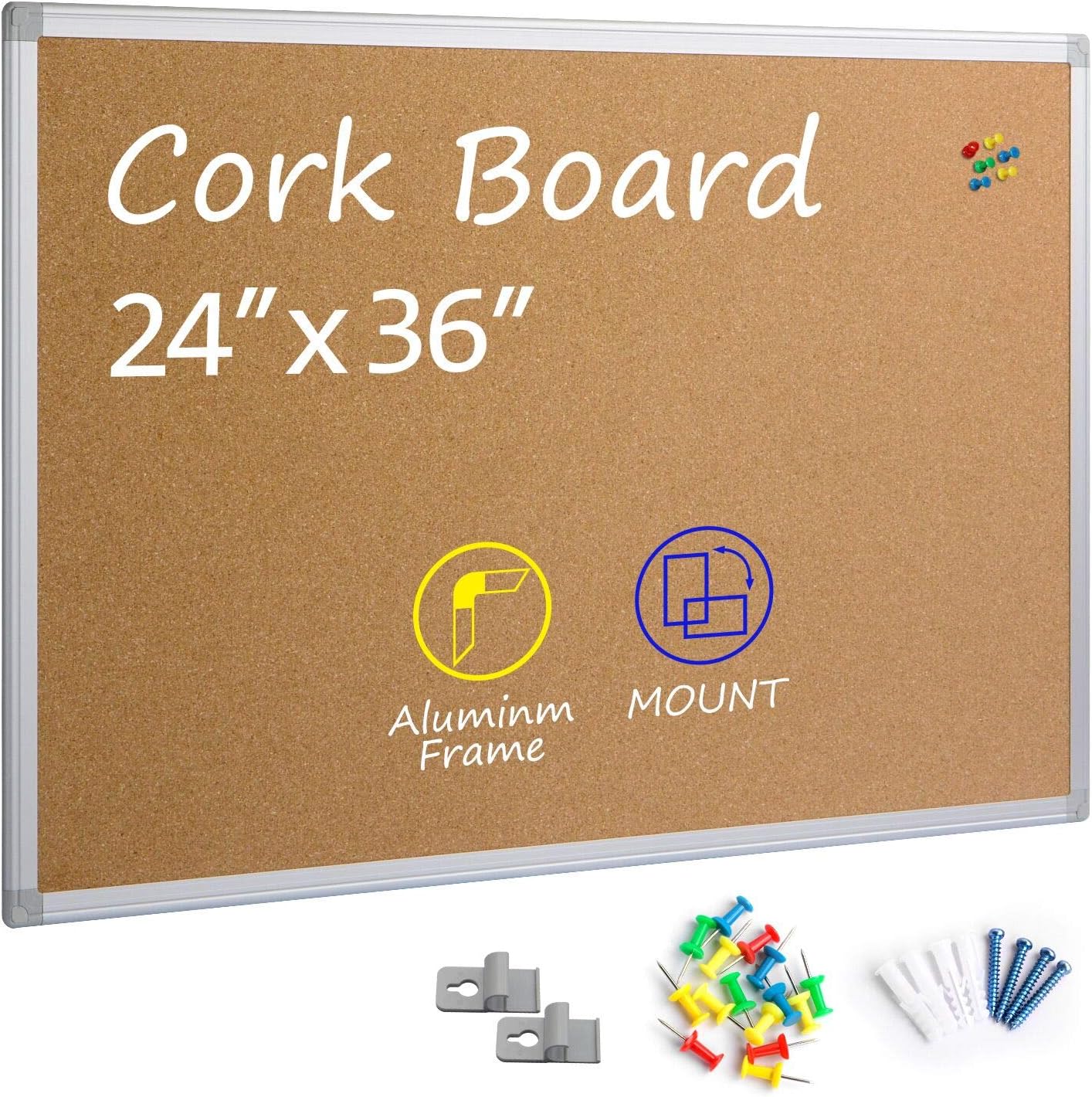Board2by Cork Board Bulletin Board 24 x 36, Silver Aluminium Framed 2x3 Corkboard, Office Board for Wall Cork, Large Wall Mounted Notice Pin Board