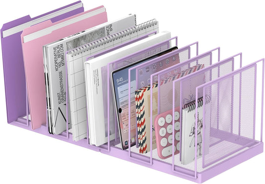 9-Section Desk File Organizer, Vertical File Holder, Mesh Desktop File Folder Metal File Organizer Stand for Office Home Classroom, Purple