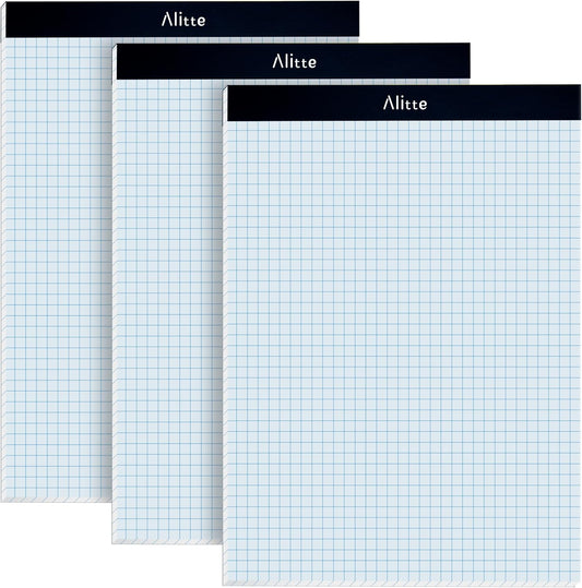 Graph Paper Pad, Pack of 3, White Letter Size - 4x4 Quad Grid Paper, With Blue Lines - Easy-Tear Perforations, 11x8.5 Cardboard Backing - Graph Notepads for School, Office -50 Sheets per Pad