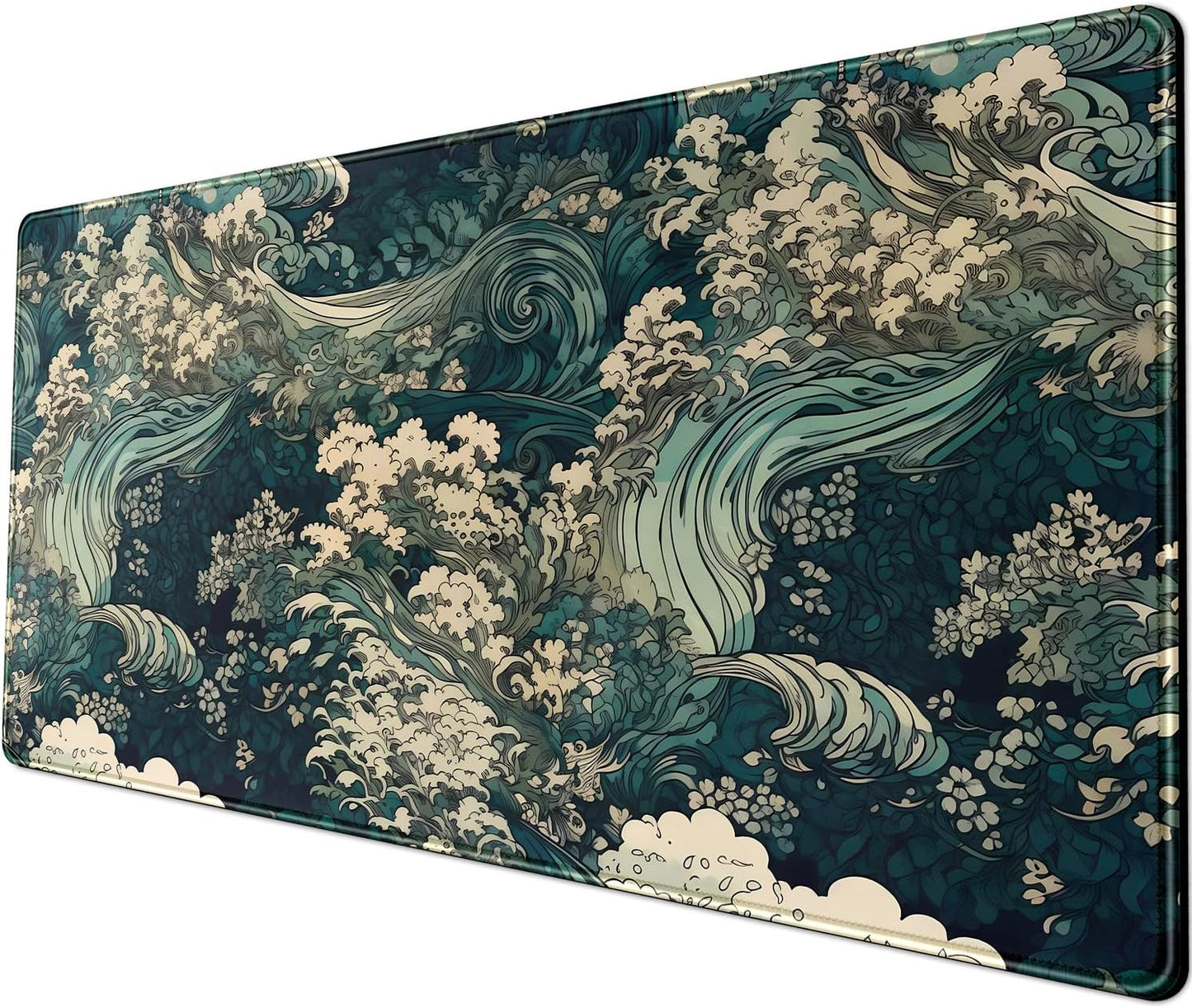 Japanese Large Mouse Pad Gaming Sea Wave Desk Pad Blue Sea Flower Art Aesthetics Desk Pad Non-Slip Rubber Base Mice Pad, 31.5 X 11.8 in for Laptop Computer Mouse Keyboard Mat of Office Desk Decor