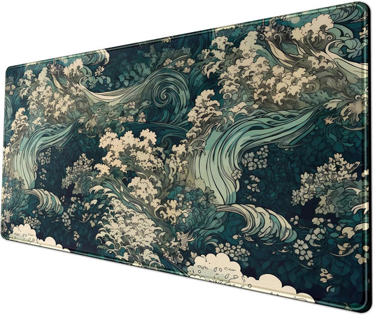 Japanese Large Mouse Pad Gaming Sea Wave Desk Pad Blue Sea Flower Art Aesthetics Desk Pad Non-Slip Rubber Base Mice Pad, 31.5 X 11.8 in for Laptop Computer Mouse Keyboard Mat of Office Desk Decor
