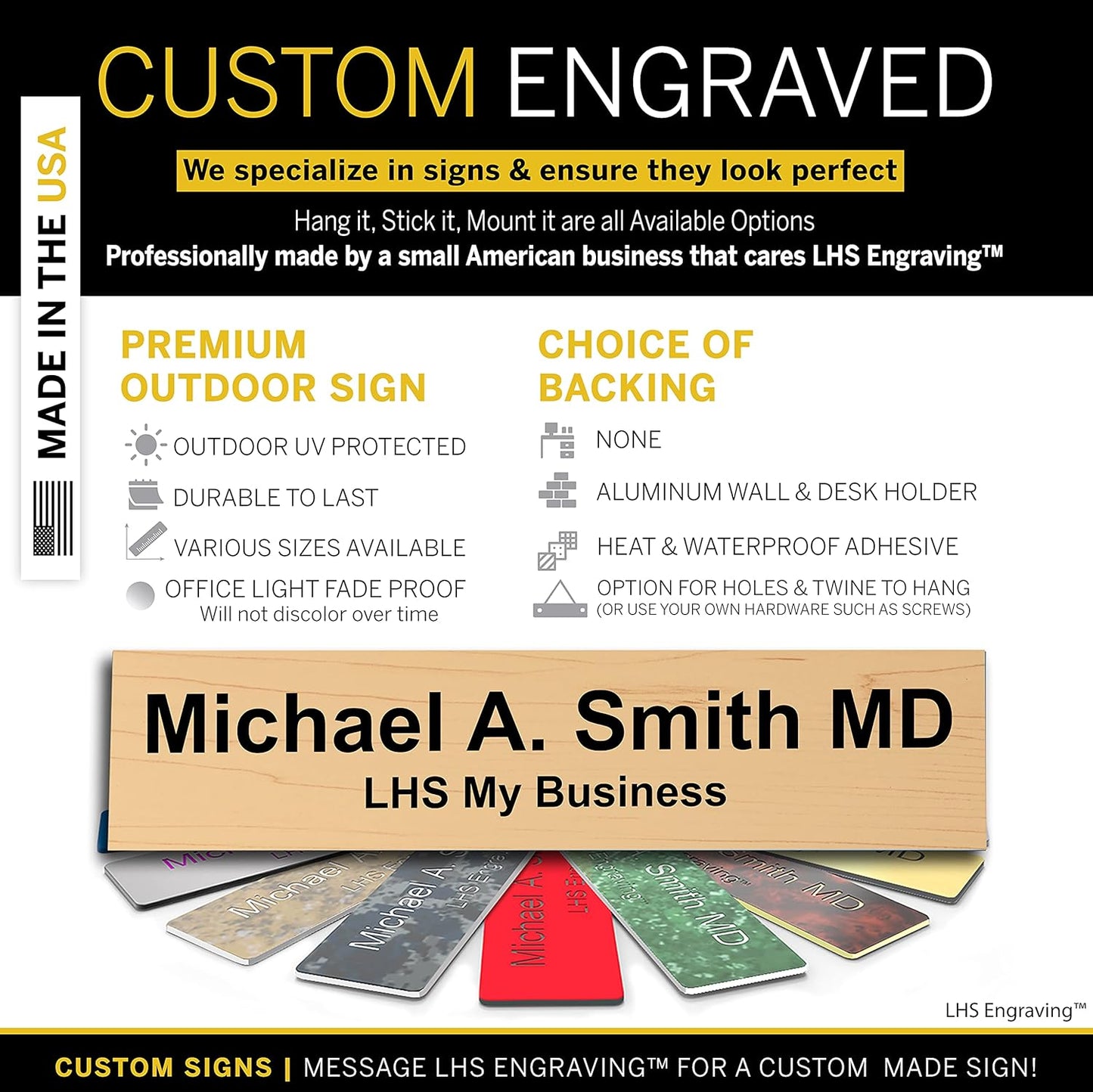 Engraved Name Plates for Door Sign Personalized Cashew Plastic Plaque with Black Letters - Made in USA 2x8 N6