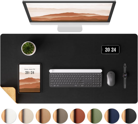 Aothia Dual-Sided Desk Pad - 37.8x17 inches Leather Desk Mat, Natural Cork Desk Pad Protector, Large Mouse Pad for Desk, Waterproof Desk Blotter Pad, Desk Writing Pad for Office Work/Home, Black