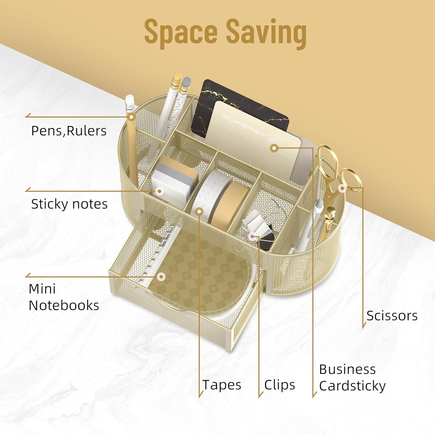 SUPEASY Mesh Desk Organizer, Desk Accessories & Workspace Organizers with Drawers, Pencil Holder for Desk with 9 Compartments for Office Suppliess, 8.6 x 4.3 x 4.1 Inch, Yellow